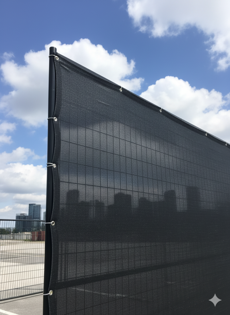 Panneau de clôture de chantier recouvert d'un treillis noir opaque afin de dissimuler les équipements et matériaux de valeur à la vue depuis la rue.